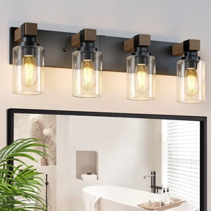 Farmhouse 4-Light Bathroom Vanity Light Fixtures, Black and Wood 27.5 Rustic Matte Black Metal Frame, Clear Glass Shades, Vintage Wall Sconces Lighting Over Mirror, for Bathroom Restroom Farmhouse 4-Light Bathroom Vanity Light Fixtures, Black and Wood 27.5 Rustic Matte Black Metal Frame, Clear Glass Shades, Vintage Wall Sconces Lighting Over Mirror, for Bathroom Restroom