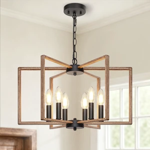 6 Light Rustic Chandelier, Dining Room Light Fixture, Brushed Rustic Wood Metal Geometric Pendant Light with E12 base, Farmhouse Ceiling Hanging Light Fixture for Dining Room Kitchen Island Entryway 6 Light Rustic Chandelier, Dining Room Light Fixture, Brushed Rustic Wood Metal Geometric Pendant Light with E12 base, Farmhouse Ceiling Hanging Light Fixture for Dining Room Kitchen Island Entryway
