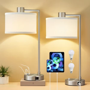 Silver Table Lamp Set of 2, Dimmable Bedside Lamps for Night Stand, USB A+C Nightstand Lamp with Linen Lampshade, 2 LED Bulbs Included, Desk Lamp for Bedroom, Living Room, End Table, Reading, Office Silver Table Lamp Set of 2, Dimmable Bedside Lamps for Night Stand, USB A+C Nightstand Lamp with Linen Lampshade, 2 LED Bulbs Included, Desk Lamp for Bedroom, Living Room, End Table, Reading, Office