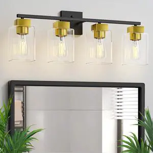 4 Light Bathroom Vanity Light - Black and Brushed Gold Bathroom Light Fixtures UL Certification, Square Light Fixture Over Mirror, Farmhouse Light Fixtures for Bathroom & Bedroom 4 Light Bathroom Vanity Light - Black and Brushed Gold Bathroom Light Fixtures UL Certification, Square Light Fixture Over Mirror, Farmhouse Light Fixtures for Bathroom & Bedroom