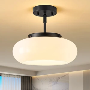 Mid-Century Modern Black Semi Flush Ceiling Light 12.6 Inch 3-Light White Glass Shade Close to Ceiling Lighting Fixture For Kitchen Entryway Hallway Bathroom Closet Bedroom Laundry Room Mid-Century Modern Black Semi Flush Ceiling Light 12.6 Inch 3-Light White Glass Shade Close to Ceiling Lighting Fixture For Kitchen Entryway Hallway Bathroom Closet Bedroom Laundry Room