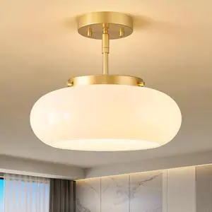 Mid-Century Modern Gold Semi Flush Ceiling Light 12.6 Inch 3-Light White Glass Shade Close to Ceiling Lighting Fixture For Kitchen Entryway Hallway Bathroom Closet Bedroom Laundry Room Mid-Century Modern Gold Semi Flush Ceiling Light 12.6 Inch 3-Light White Glass Shade Close to Ceiling Lighting Fixture For Kitchen Entryway Hallway Bathroom Closet Bedroom Laundry Room