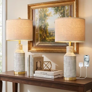 25" Modern 3-Way Dimmable Touch Control with USB A+C Ceramic Lamps Set of 2 Table Lamp for Living Room Bedroom Farmhouse Nightstand Bedside Lamps (White-Washed) 25" Modern 3-Way Dimmable Touch Control with USB A+C Ceramic Lamps Set of 2 Table Lamp for Living Room Bedroom Farmhouse Nightstand Bedside Lamps (White-Washed)