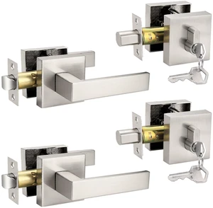 Brushed Nickel Passage Door Lever with Single Cylinder Deadbolts Combo Pack, Modern Square Lock Set Handleset,Exterior Handle and Set,Same Keys, 2 Pack Brushed Nickel Passage Door Lever with Single Cylinder Deadbolts Combo Pack, Modern Square Lock Set Handleset,Exterior Handle and Set,Same Keys, 2 Pack