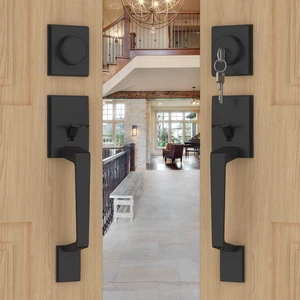 Double Front Door Lock Set, Black Double Door Handle Set, Matte Black Double Door Handle with Dummy, Modern Double Front Door Hardware Set with Reversible Handle Lever Double Front Door Lock Set, Black Double Door Handle Set, Matte Black Double Door Handle with Dummy, Modern Double Front Door Hardware Set with Reversible Handle Lever