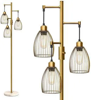 Dimmable Floor Lamps for Living Room, Industrial Standing Lamp with Marble Base, Antique Brass Tree Tall Pole Light with 3 Elegant Teardrop Cage Head & 800 Lumens LED Bulbs for Bedroom Office Dimmable Floor Lamps for Living Room, Industrial Standing Lamp with Marble Base, Antique Brass Tree Tall Pole Light with 3 Elegant Teardrop Cage Head & 800 Lumens LED Bulbs for Bedroom Office