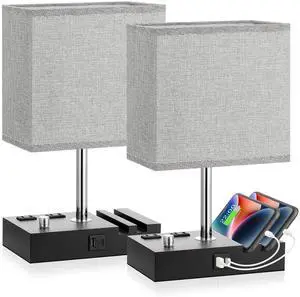 Grey Bedside Table Lamps Set of 2 - Dimmable, USB C+A, 2 AC Outlets Dimming By Rotary Knob, USB C+A Ports, 2 Phone Stands, LED Bulbs Included, Rectangle Grey Lampshade, for Living Room, Desk Grey Bedside Table Lamps Set of 2 - Dimmable, USB C+A, 2 AC Outlets Dimming By Rotary Knob, USB C+A Ports, 2 Phone Stands, LED Bulbs Included, Rectangle Grey Lampshade, for Living Room, Desk