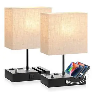Beige Bedside Table Lamps Set of 2 - Dimmable, USB C+A, 2 AC Outlets Dimming By Rotary Knob, USB C+A Ports, 2 Phone Stands, LED Bulbs Included, Rectangle Beige Lampshade, for Living Room, Desk Beige Bedside Table Lamps Set of 2 - Dimmable, USB C+A, 2 AC Outlets Dimming By Rotary Knob, USB C+A Ports, 2 Phone Stands, LED Bulbs Included, Rectangle Beige Lampshade, for Living Room, Desk