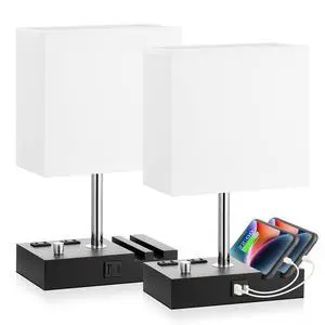 White Bedside Table Lamps Set of 2 - Dimmable, USB C+A, 2 AC Outlets Dimming By Rotary Knob, USB C+A Ports, 2 Phone Stands, LED Bulbs Included, Rectangle White Lampshade, for Living Room, Desk White Bedside Table Lamps Set of 2 - Dimmable, USB C+A, 2 AC Outlets Dimming By Rotary Knob, USB C+A Ports, 2 Phone Stands, LED Bulbs Included, Rectangle White Lampshade, for Living Room, Desk