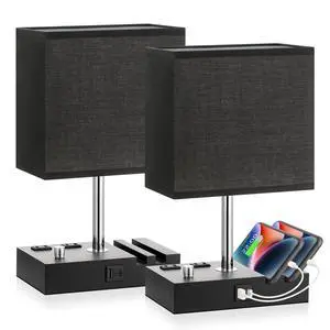 Black Bedside Table Lamps Set of 2 - Dimmable, USB C+A, 2 AC Outlets Dimming By Rotary Knob, USB C+A Ports, 2 Phone Stands, LED Bulbs Included, Rectangle Black Lampshade, for Living Room, Desk Black Bedside Table Lamps Set of 2 - Dimmable, USB C+A, 2 AC Outlets Dimming By Rotary Knob, USB C+A Ports, 2 Phone Stands, LED Bulbs Included, Rectangle Black Lampshade, for Living Room, Desk