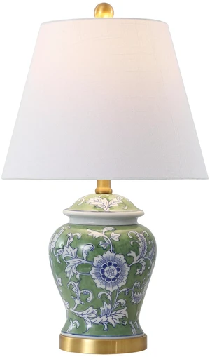 Penelope Ginger Jar 22" LED Table Lamp, Green/White Chinoiserie, Ceramic Metal Construction, French Country Traditional, Linen Empire Shade, Brass Gold, LED Bulb Included Penelope Ginger Jar 22" LED Table Lamp, Green/White Chinoiserie, Ceramic Metal Construction, French Country Traditional, Linen Empire Shade, Brass Gold, LED Bulb Included