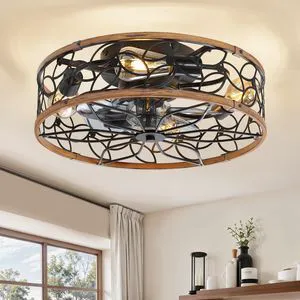 Caged Ceiling Fan with Light, Flush Mount Fandalier with Remote Low Profile, Farmhouse Small, Bladeless Industrial, Quiet DC Motor, App Control for Bedroom, Kitchen, Dining Room, Walnut Caged Ceiling Fan with Light, Flush Mount Fandalier with Remote Low Profile, Farmhouse Small, Bladeless Industrial, Quiet DC Motor, App Control for Bedroom, Kitchen, Dining Room, Walnut