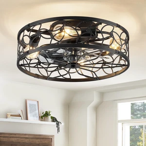 Caged Ceiling Fan with Light, Flush Mount Fandalier with Remote Low Profile, Farmhouse Small, Bladeless Industrial, Quiet DC Motor, App Control for Bedroom, Kitchen, Dining Room, Black Caged Ceiling Fan with Light, Flush Mount Fandalier with Remote Low Profile, Farmhouse Small, Bladeless Industrial, Quiet DC Motor, App Control for Bedroom, Kitchen, Dining Room, Black