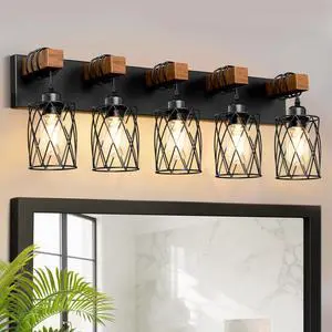 Farmhouse Bathroom Vanity Light, 5-Light Wood Bathroom Light Fixtures Over Mirror, Black Industrial Vanity Lights with Metal Shade, Rustic Restroom Lighting Fixtures Farmhouse Bathroom Vanity Light, 5-Light Wood Bathroom Light Fixtures Over Mirror, Black Industrial Vanity Lights with Metal Shade, Rustic Restroom Lighting Fixtures