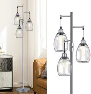 Dimmable Industrial Floor Lamps for Living Room, Gray Tree Standing Tall Lamps with 3 Elegant Teardrop Cage Head & 800 Lumens LED Bulbs for Bedroom Office Dimmable Industrial Floor Lamps for Living Room, Gray Tree Standing Tall Lamps with 3 Elegant Teardrop Cage Head & 800 Lumens LED Bulbs for Bedroom Office