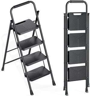 4 Step Ladder, Portable Folding Ladder with Anti-Slip Pedals Heavy Sturdy Steel Step Stool for Multi-Purpose, Home, Kitchen, Handrail, Safe-Lock Design, Pass 500lbs Load Testing, Black 4 Step Ladder, Portable Folding Ladder with Anti-Slip Pedals Heavy Sturdy Steel Step Stool for Multi-Purpose, Home, Kitchen, Handrail, Safe-Lock Design, Pass 500lbs Load Testing, Black