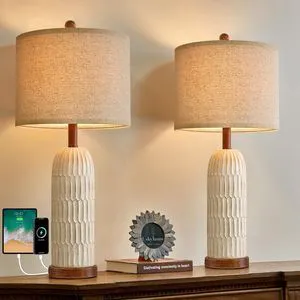 26.5" Bedside Table Lamps Set of 2, Farmhouse Table Lamp with USB A+C Charging Ports,Vintage Nightstand Lamp for Bedrooms and Living Rooms, Retro Resin End Table Lamp with Linen Shade, Brown 26.5" Bedside Table Lamps Set of 2, Farmhouse Table Lamp with USB A+C Charging Ports,Vintage Nightstand Lamp for Bedrooms and Living Rooms, Retro Resin End Table Lamp with Linen Shade, Brown