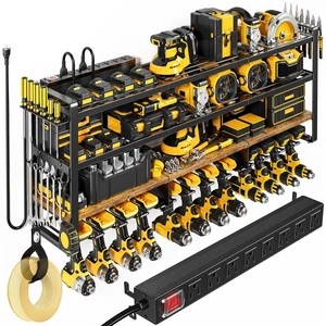 Power Tool Organizer Wall Mount with Charging Station, 4 Tier Tool Battery Storage Rack Built in 8 Outlet Power Strip for Garage, 49" W, Black Wood Power Tool Organizer Wall Mount with Charging Station, 4 Tier Tool Battery Storage Rack Built in 8 Outlet Power Strip for Garage, 49" W, Black Wood