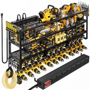 Power Tool Organizer Wall Mount with Charging Station, 4 Tier Tool Battery Storage Rack Built in 8 Outlet Power Strip for Garage, 49" W, Black Power Tool Organizer Wall Mount with Charging Station, 4 Tier Tool Battery Storage Rack Built in 8 Outlet Power Strip for Garage, 49" W, Black
