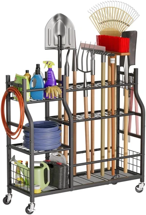 Garden Tool Organizer with Wheels for Garage and Shed, Spacious Tool Storage, Multi-Tier Design with Side Hooks for Rakes, Shovels, Brooms, and Yard Tools Rolling Cart Garden Tool Organizer with Wheels for Garage and Shed, Spacious Tool Storage, Multi-Tier Design with Side Hooks for Rakes, Shovels, Brooms, and Yard Tools Rolling Cart