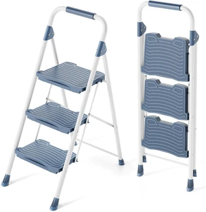 3 Step Ladder, 900lbs Sturdy Step Stool with Handrail, Non-Skid Wide Pedals, Foldable 3 Stepladder with Safety Locking for Home, Garage, Garden, Office, Blue 3 Step Ladder, 900lbs Sturdy Step Stool with Handrail, Non-Skid Wide Pedals, Foldable 3 Stepladder with Safety Locking for Home, Garage, Garden, Office, Blue