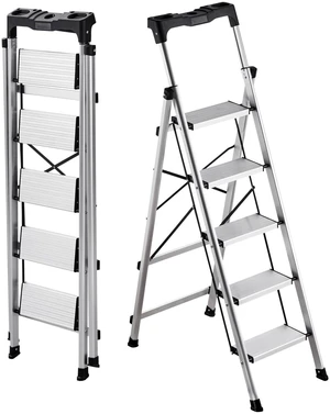 5 Step Ladder, Folding Step Stool with Wide Anti-Slip Pedal and Comfort Handgrip, 330 lbs Capacity Portable Aluminum Stepladder, Multi-Use for Kitchen, Warehouse, Household and Office, Silver 5 Step Ladder, Folding Step Stool with Wide Anti-Slip Pedal and Comfort Handgrip, 330 lbs Capacity Portable Aluminum Stepladder, Multi-Use for Kitchen, Warehouse, Household and Office, Silver