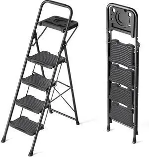 4 Step Ladder with Tool Platform, Sturdy Step Stool, Anti-Slip Wide Pedals, Handrail, Foldable Step Ladder, Pass 900LBS Testing, Multi-Use for Home, Garage, Garden, Painting, Black 4 Step Ladder with Tool Platform, Sturdy Step Stool, Anti-Slip Wide Pedals, Handrail, Foldable Step Ladder, Pass 900LBS Testing, Multi-Use for Home, Garage, Garden, Painting, Black