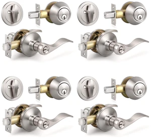 4 Sets of Front Exterior Door Knob Set with Single Cylinder Deadbolts in Satin Nickel Finish, All Keyed Same Combo Pack, Wave Style Entry Door Lever Locks with Combinations 4 Sets of Front Exterior Door Knob Set with Single Cylinder Deadbolts in Satin Nickel Finish, All Keyed Same Combo Pack, Wave Style Entry Door Lever Locks with Combinations