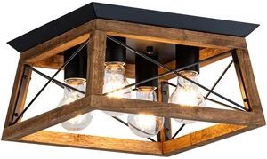 Farmhouse Light Fixture, 4-Light Rustic Ceiling Light, Trapeziform Wood Flush Mount Ceiling Light for Kitchen, Hallway, Entryway, Bedroom Farmhouse Light Fixture, 4-Light Rustic Ceiling Light, Trapeziform Wood Flush Mount Ceiling Light for Kitchen, Hallway, Entryway, Bedroom