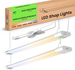 ® 4FT Linkable LED Shop Lights, 6000LM 30W/45W/60W, 5CCT 2700K/3000K/4000K/5000K/6500K, 120V Integrated Fixture for Garage, Hanging or Surface Mount, 2 Pack ® 4FT Linkable LED Shop Lights, 6000LM 30W/45W/60W, 5CCT 2700K/3000K/4000K/5000K/6500K, 120V Integrated Fixture for Garage, Hanging or Surface Mount, 2 Pack