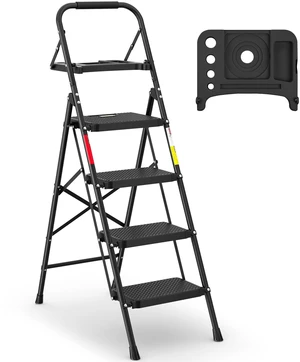 4-Step Ladder, Folding Step Stool, 600lbs Max Load, Black Tool Tray, Anti-Slip Pedals, Sturdy Steel, Lightweight Portable Design with Handrail for Home & Work Use 4-Step Ladder, Folding Step Stool, 600lbs Max Load, Black Tool Tray, Anti-Slip Pedals, Sturdy Steel, Lightweight Portable Design with Handrail for Home & Work Use