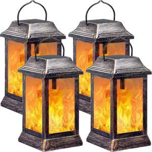 Flickering Flame Solar Lights Outdoor Metal Hanging Lantern, 4 Pack Realistic Flame Effect, Charges in 6-8 Hours, 10-12-Hour Runtime, IP65 Waterproof, Auto On/Off for Patio, Garden and Porch Flickering Flame Solar Lights Outdoor Metal Hanging Lantern, 4 Pack Realistic Flame Effect, Charges in 6-8 Hours, 10-12-Hour Runtime, IP65 Waterproof, Auto On/Off for Patio, Garden and Porch