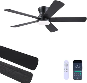 52" Black Ceiling Fans with Lights- Flush Mount Fan Light with 5 Reversible Blades, 3CCT Dimmable, DC, Low Profile Ceiling Fan for Modern Indoor, Covered Outdoor 52" Black Ceiling Fans with Lights- Flush Mount Fan Light with 5 Reversible Blades, 3CCT Dimmable, DC, Low Profile Ceiling Fan for Modern Indoor, Covered Outdoor