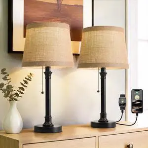 19.5" Small Table Lamps Set of 2 for Living Room Bedroom, USB A+C Pull Chain Switch Rustic Bedside Table Lamps, Natural Shade, Small Farmhouse Nightstand Lamp for End Table & Desk Light 19.5" Small Table Lamps Set of 2 for Living Room Bedroom, USB A+C Pull Chain Switch Rustic Bedside Table Lamps, Natural Shade, Small Farmhouse Nightstand Lamp for End Table & Desk Light