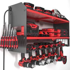 Power Tool Organizer with Charging Station Wall Mount, Cordless Drill and Battery Holder for Garage Organization, Electric Tools Storage Rack Build in Surge Protection Power Strip - Red Shelf Power Tool Organizer with Charging Station Wall Mount, Cordless Drill and Battery Holder for Garage Organization, Electric Tools Storage Rack Build in Surge Protection Power Strip - Red Shelf