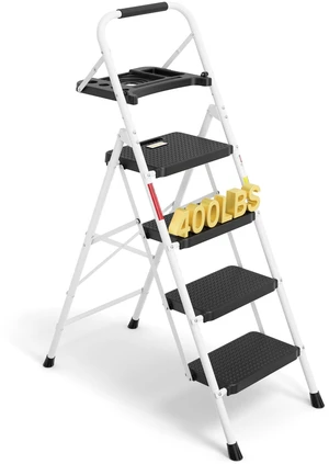 4-Step Ladder, Folding Step Stool, 600lbs Max Load, White Tool Tray, Anti-Slip Pedals, Sturdy Steel, Lightweight Portable Design with Handrail for Home & Work Use 4-Step Ladder, Folding Step Stool, 600lbs Max Load, White Tool Tray, Anti-Slip Pedals, Sturdy Steel, Lightweight Portable Design with Handrail for Home & Work Use