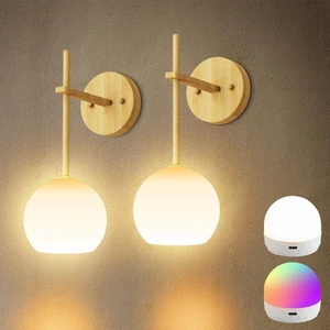 Wood Grain Battery Operated Wall Sconces Set of 2, Rechargeable Wireless Wall Lights with Milky White Frosted Glass, 12 RGB and 3CCT Dimmable Wall Lamps with Remote for Bedroom Living Room Hallway Wood Grain Battery Operated Wall Sconces Set of 2, Rechargeable Wireless Wall Lights with Milky White Frosted Glass, 12 RGB and 3CCT Dimmable Wall Lamps with Remote for Bedroom Living Room Hallway