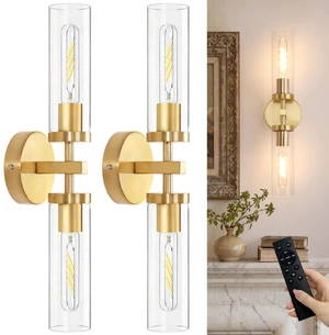 Set of 2 Wall Sconces, 7800 mAh Battery Operated Wall Sconce with 3 Colors & Remote Control, Gold Rechargeable Wall Lamp with Clear Glass Shade for Bedroom, Bathroom, Living Room, Hallway Set of 2 Wall Sconces, 7800 mAh Battery Operated Wall Sconce with 3 Colors & Remote Control, Gold Rechargeable Wall Lamp with Clear Glass Shade for Bedroom, Bathroom, Living Room, Hallway