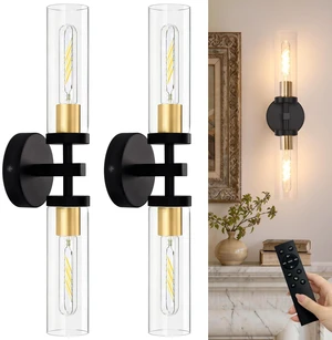 Set of 2 Wall Sconces, 7800 mAh Battery Operated Wall Sconce with 3 Colors & Remote Control, Black Gold Rechargeable Wall Lamp with Clear Glass Shade for Bedroom, Bathroom, Stairwell, Hallway Set of 2 Wall Sconces, 7800 mAh Battery Operated Wall Sconce with 3 Colors & Remote Control, Black Gold Rechargeable Wall Lamp with Clear Glass Shade for Bedroom, Bathroom, Stairwell, Hallway