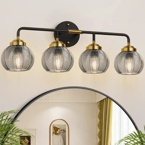 Bathroom Light Fixtures, 4-Light Smokegray Vanity Lights with Unique Leaf Texture Glass Shade, Modern Matte Black and Gold Bathroom Wall Lamp for Mirror Hallway Cabinet Living Room Bathroom Light Fixtures, 4-Light Smokegray Vanity Lights with Unique Leaf Texture Glass Shade, Modern Matte Black and Gold Bathroom Wall Lamp for Mirror Hallway Cabinet Living Room