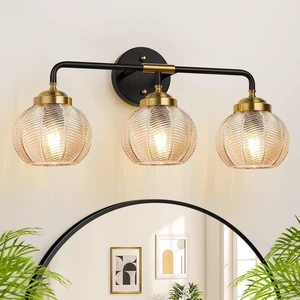 Bathroom Light Fixtures, 3-Light Amber Vanity Lights with Unique Leaf Texture Glass Shade, Modern Matte Black and Gold Bathroom Wall Lamp for Mirror Hallway Cabinet Living Room Bathroom Light Fixtures, 3-Light Amber Vanity Lights with Unique Leaf Texture Glass Shade, Modern Matte Black and Gold Bathroom Wall Lamp for Mirror Hallway Cabinet Living Room
