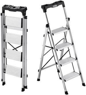 4 Step Ladder, Folding Step Stool with Wide Anti-Slip Pedal and Comfort Handgrip, 330 lbs Capacity Portable Aluminum Stepladder, Multi-Use for Kitchen, Home, Warehouse and Office, Silver 4 Step Ladder, Folding Step Stool with Wide Anti-Slip Pedal and Comfort Handgrip, 330 lbs Capacity Portable Aluminum Stepladder, Multi-Use for Kitchen, Home, Warehouse and Office, Silver
