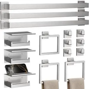 15-Piece 23.6 Inch Brushed Nickel Bathroom Hardware Accessories Set Stainless Steel Bath Extended Towel Bar, Toilet Paper Holder with Shelf, Towel Hooks, Square Towel Ring Wall Mounted 15-Piece 23.6 Inch Brushed Nickel Bathroom Hardware Accessories Set Stainless Steel Bath Extended Towel Bar, Toilet Paper Holder with Shelf, Towel Hooks, Square Towel Ring Wall Mounted