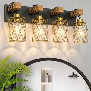 Farmhouse Bathroom Vanity Light, 4-Light Wood Bathroom Light Fixtures Over Mirror, Black and Gold Industrial Vanity Lights with Metal Shade, Rustic Restroom Lighting Fixtures Farmhouse Bathroom Vanity Light, 4-Light Wood Bathroom Light Fixtures Over Mirror, Black and Gold Industrial Vanity Lights with Metal Shade, Rustic Restroom Lighting Fixtures
