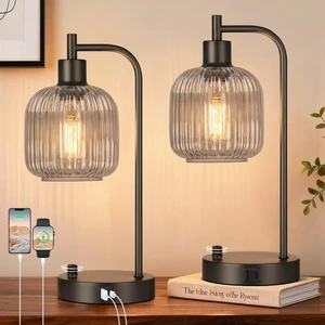Grey Glass Table Lamps Set of 2, Dimmable Bedside Lamps for Living Room USB A+C Charging Ports, Stepless Dimmable, 2 Dimmable LED Bulbs, Thickened Vintage Grey Glass Lampshade Grey Glass Table Lamps Set of 2, Dimmable Bedside Lamps for Living Room USB A+C Charging Ports, Stepless Dimmable, 2 Dimmable LED Bulbs, Thickened Vintage Grey Glass Lampshade