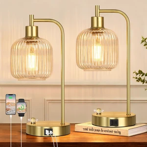 Clear Glass Table Lamps Set of 2, Dimmable Bedside Lamps for Living Room USB A+C Charging Ports, Stepless Dimmable, Brushed Gold, 2 Dimmable LED Bulbs, Thickened Vintage Clear Glass Lampshade Clear Glass Table Lamps Set of 2, Dimmable Bedside Lamps for Living Room USB A+C Charging Ports, Stepless Dimmable, Brushed Gold, 2 Dimmable LED Bulbs, Thickened Vintage Clear Glass Lampshade