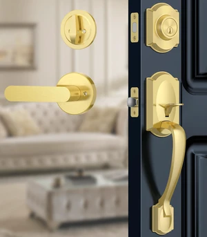 Front Door Lock Set, Gold Front Door Handle and Deadbolt Set, Vintage Exterior Door Lock Set, Front Door Handle with Single Cylinder, Reversible for Right & Left, Satin Brass Front Door Lock Set, Gold Front Door Handle and Deadbolt Set, Vintage Exterior Door Lock Set, Front Door Handle with Single Cylinder, Reversible for Right & Left, Satin Brass