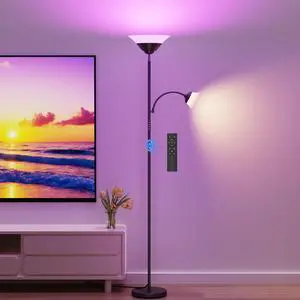 RGB Torchiere Floor Lamp, 2-in-1 Dimmable Standing Lamp with Remote & Button Control, 34W 360° Rotatable LED Reading Lamp, 72" Modern Tall Corner Lamp for Bedroom, Living Room, Office, Black RGB Torchiere Floor Lamp, 2-in-1 Dimmable Standing Lamp with Remote & Button Control, 34W 360° Rotatable LED Reading Lamp, 72" Modern Tall Corner Lamp for Bedroom, Living Room, Office, Black