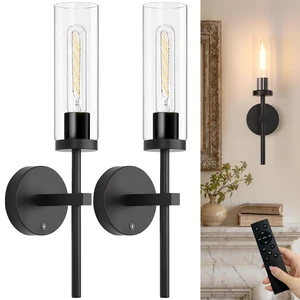 Battery Operated Wall Sconces Set of 2, Black Rechargeable Wall Lighting Fixtures, Dimmable Wall Lights with Remote & Clear Glass Shade for Living Room, Bathroom,Bedroom Battery Operated Wall Sconces Set of 2, Black Rechargeable Wall Lighting Fixtures, Dimmable Wall Lights with Remote & Clear Glass Shade for Living Room, Bathroom,Bedroom