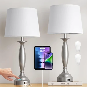 Bedroom Lamps for Nightstand, 3 Way Dimmable Silver Bedside Lamps with USB 25.5" Touch, USB C+A Ports, Bulb Included, White Shade, Silver, Chrome, Bed Side lamps for Night Stands, Living Room Bedroom Lamps for Nightstand, 3 Way Dimmable Silver Bedside Lamps with USB 25.5" Touch, USB C+A Ports, Bulb Included, White Shade, Silver, Chrome, Bed Side lamps for Night Stands, Living Room